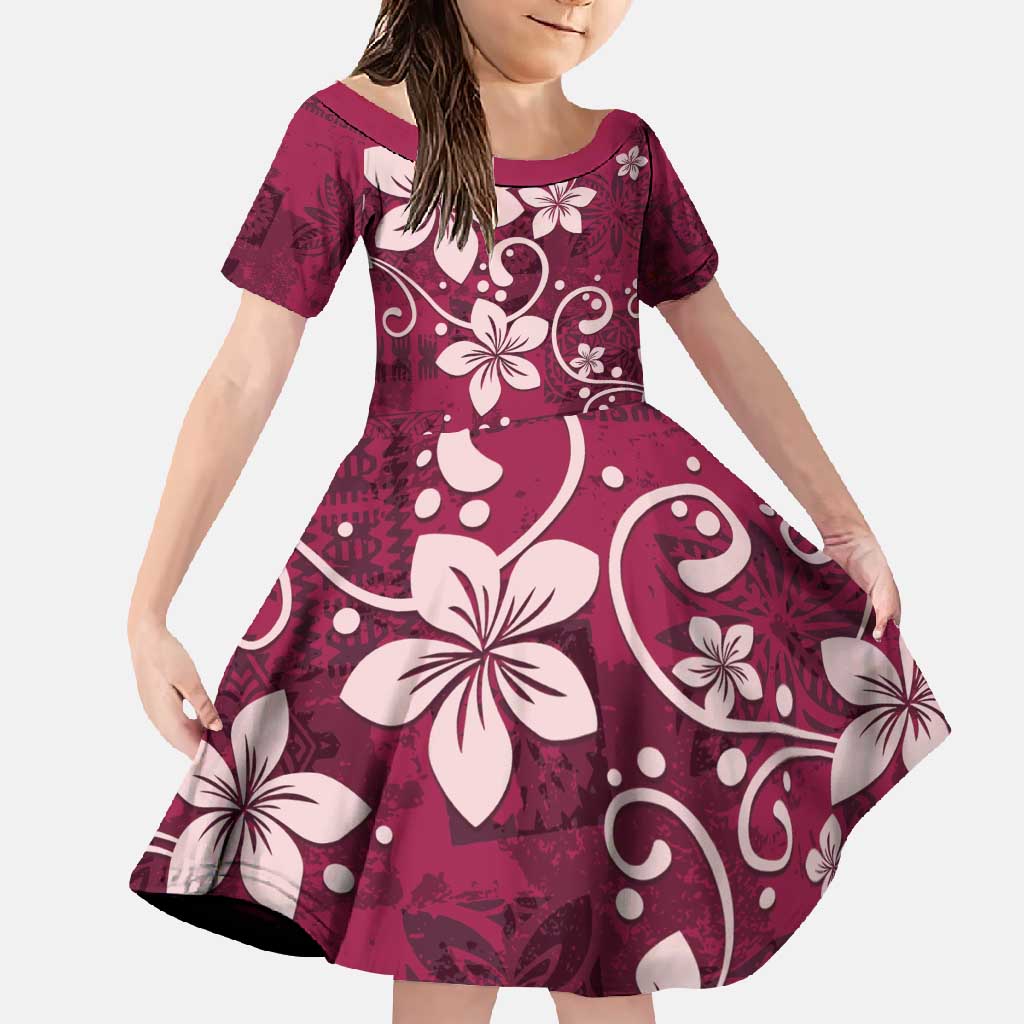 Plumeria Floral Tapa Pattern Ruby Pink Family Matching Mermaid Dress and Hawaiian Shirt LT01 Daughter's Dress Pink - Polynesian Pride