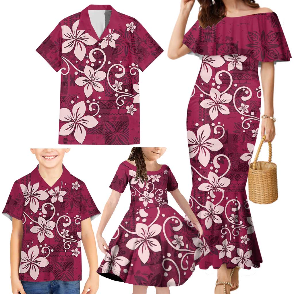 Plumeria Floral Tapa Pattern Ruby Pink Family Matching Mermaid Dress and Hawaiian Shirt LT01 - Polynesian Pride