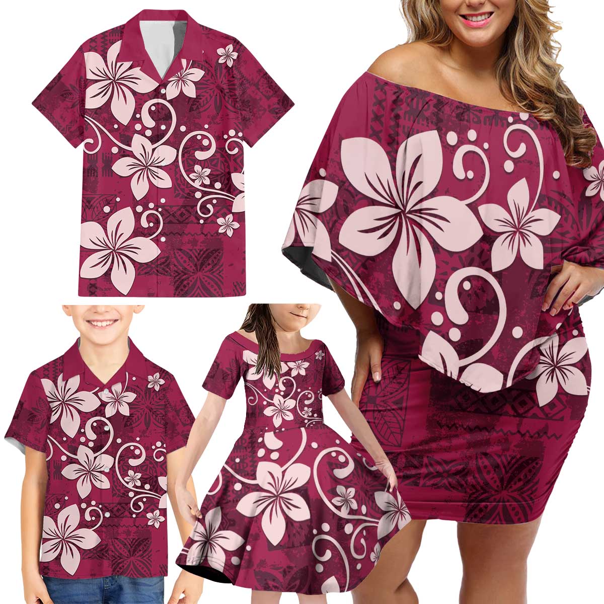 Plumeria Floral Tapa Pattern Ruby Pink Family Matching Off Shoulder Short Dress and Hawaiian Shirt LT01 - Polynesian Pride
