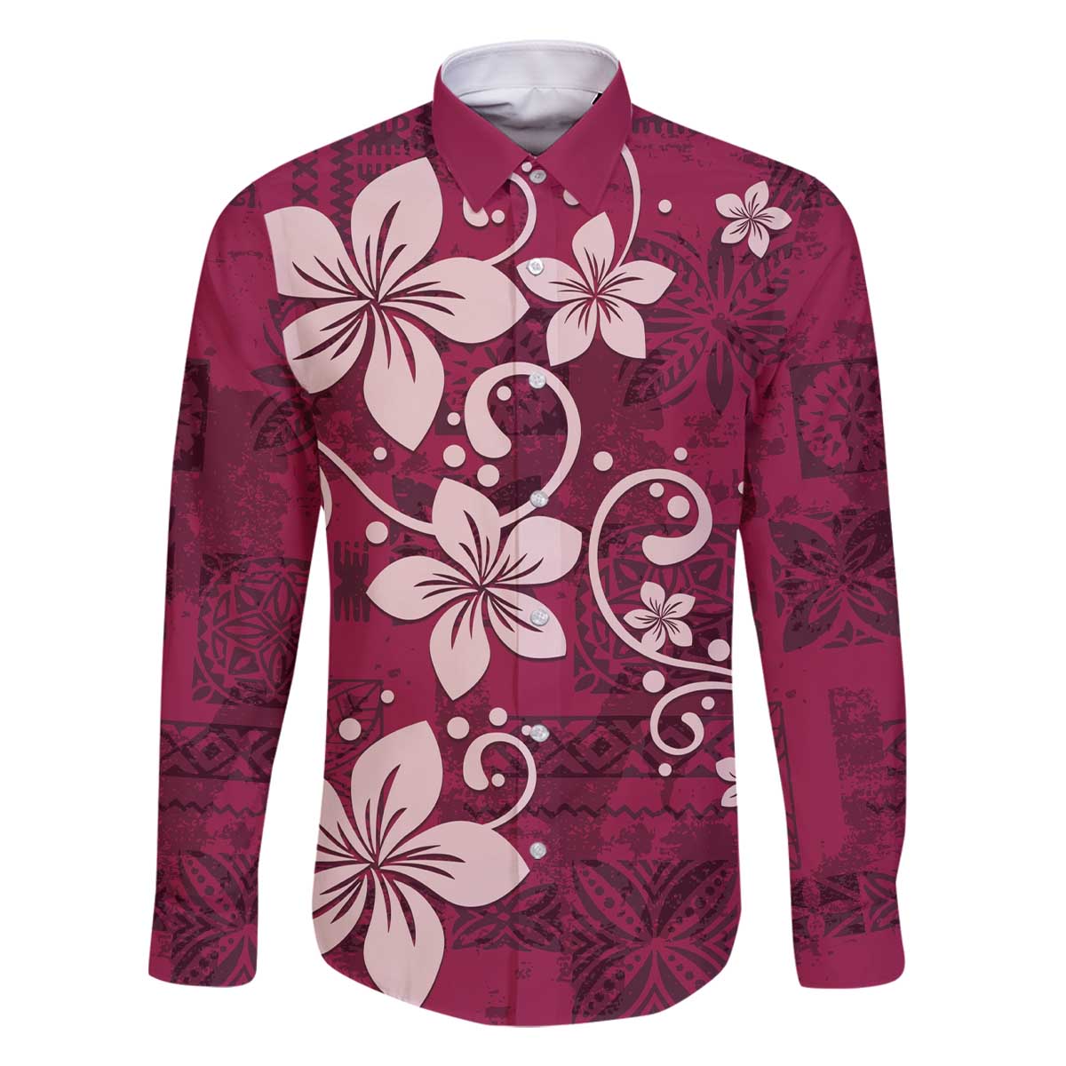 Plumeria Floral Tapa Pattern Ruby Pink Family Matching Off Shoulder Short Dress and Hawaiian Shirt