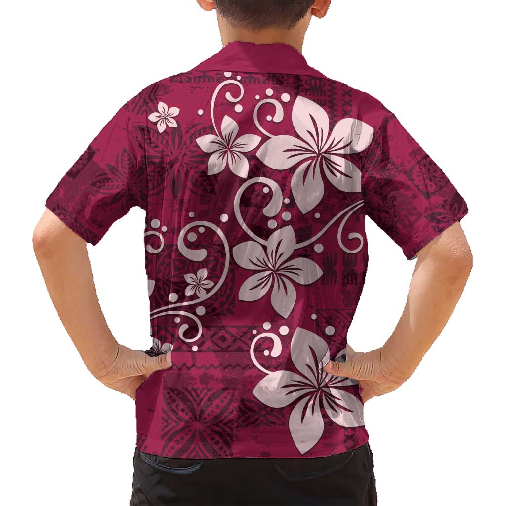 Plumeria Floral Tapa Pattern Ruby Pink Family Matching Short Sleeve Bodycon Dress and Hawaiian Shirt LT01 - Polynesian Pride