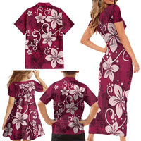 Plumeria Floral Tapa Pattern Ruby Pink Family Matching Short Sleeve Bodycon Dress and Hawaiian Shirt LT01 - Polynesian Pride