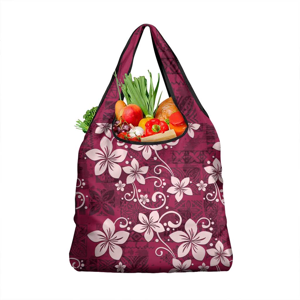 Plumeria Floral Tapa Pattern Ruby Pink Grocery Bag