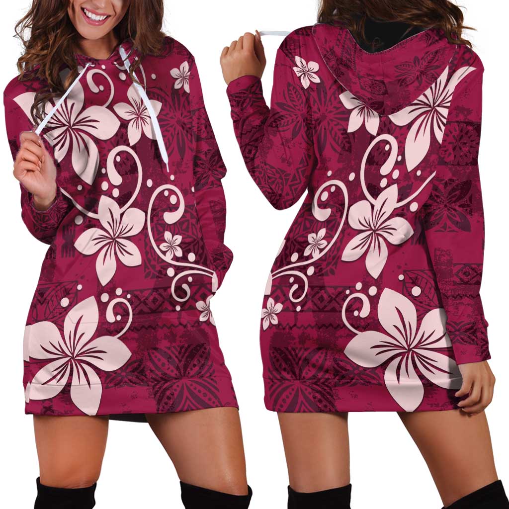 Plumeria Floral Tapa Pattern Ruby Pink Hoodie Dress