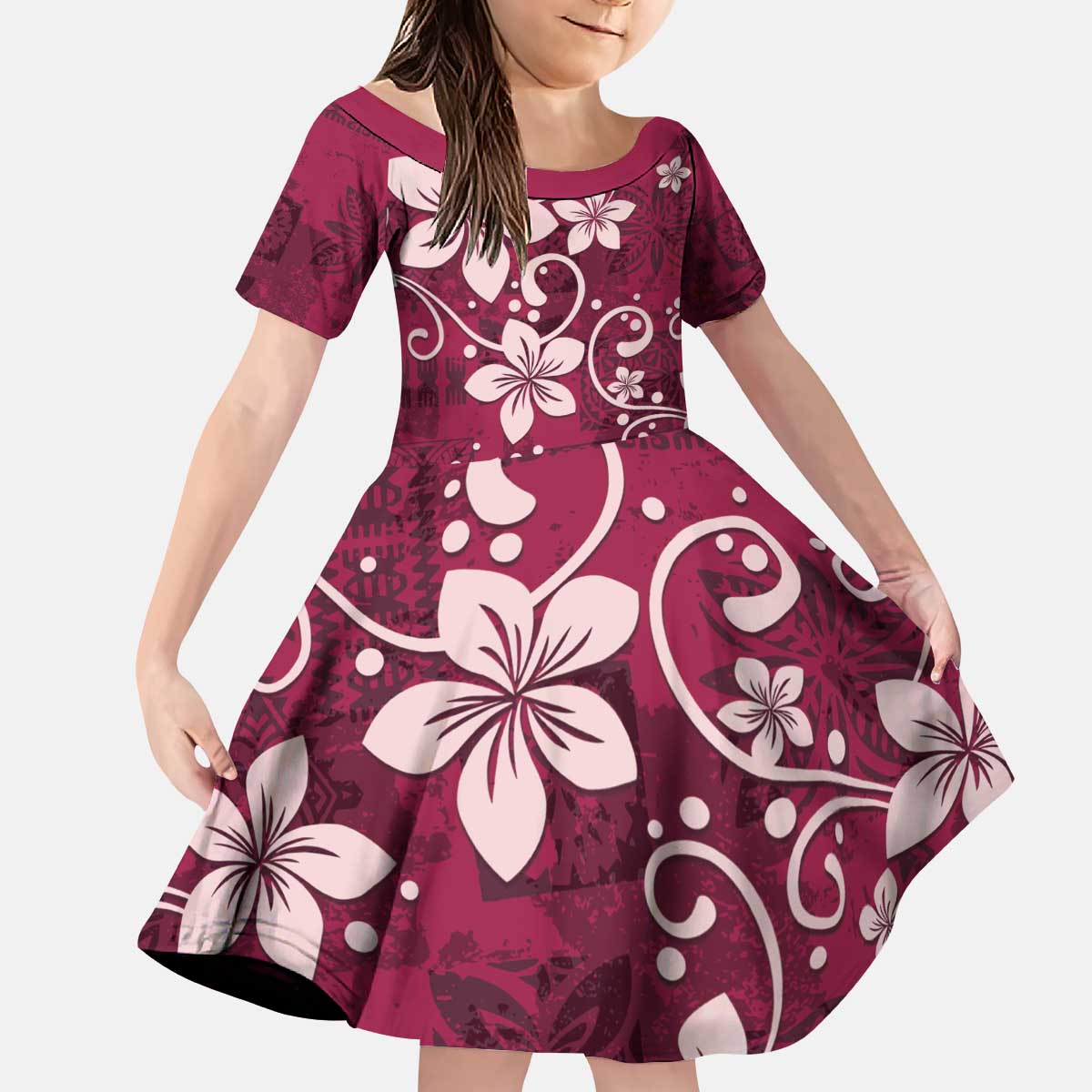 Plumeria Floral Tapa Pattern Ruby Pink Kid Short Sleeve Dress LT01 KID Pink - Polynesian Pride