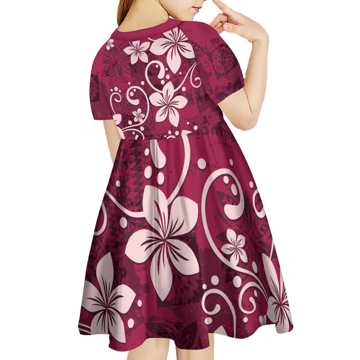 Plumeria Floral Tapa Pattern Ruby Pink Kid Short Sleeve Dress LT01 - Polynesian Pride