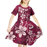 Plumeria Floral Tapa Pattern Ruby Pink Kid Short Sleeve Dress LT01 - Polynesian Pride