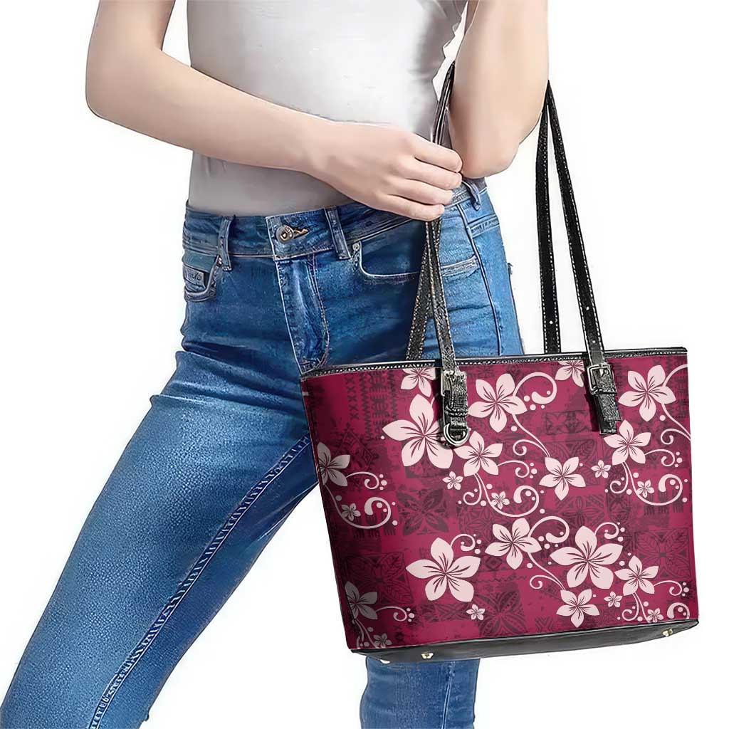 Plumeria Floral Tapa Pattern Ruby Pink Leather Tote Bag LT01 - Polynesian Pride