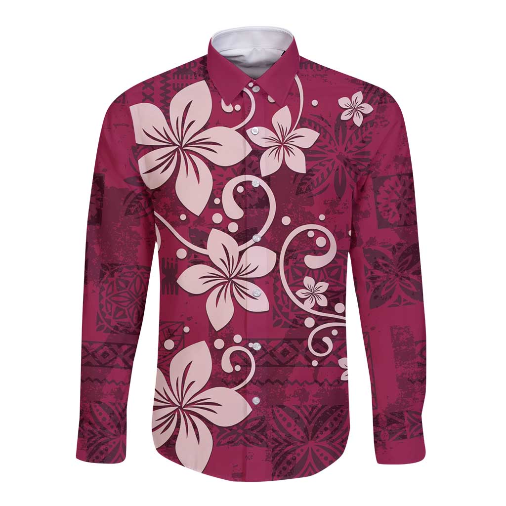 Plumeria Floral Tapa Pattern Ruby Pink Long Sleeve Button Shirt LT01 Unisex Pink - Polynesian Pride