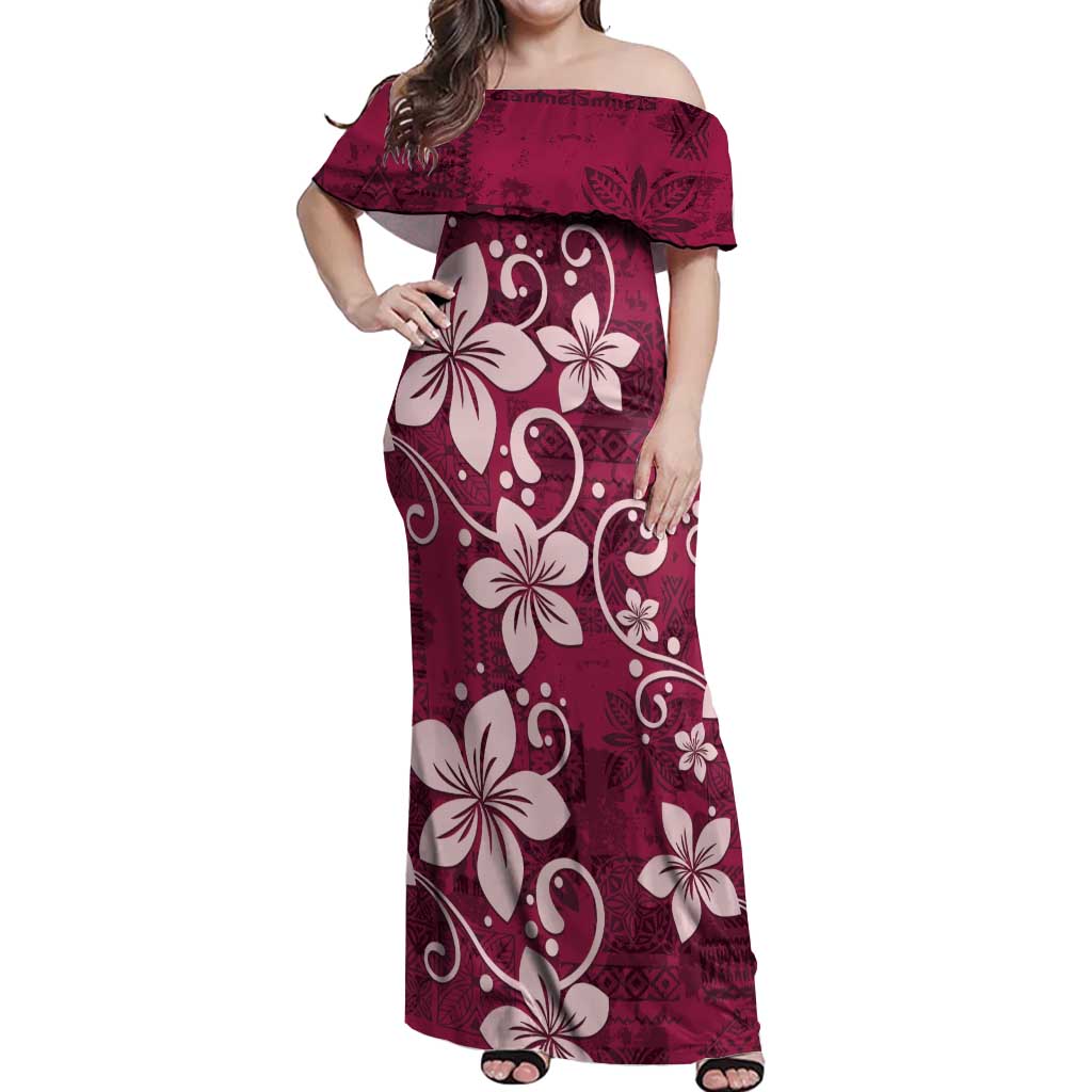 Plumeria Floral Tapa Pattern Ruby Pink Off Shoulder Maxi Dress LT01 Women Pink - Polynesian Pride