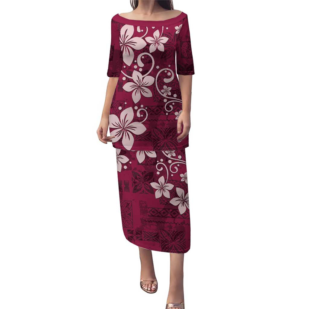 Plumeria Floral Tapa Pattern Ruby Pink Puletasi LT01 Long Dress Pink - Polynesian Pride