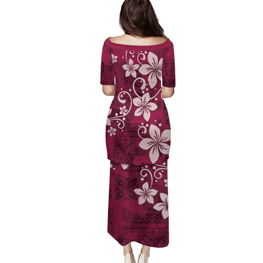 Plumeria Floral Tapa Pattern Ruby Pink Puletasi LT01 - Polynesian Pride
