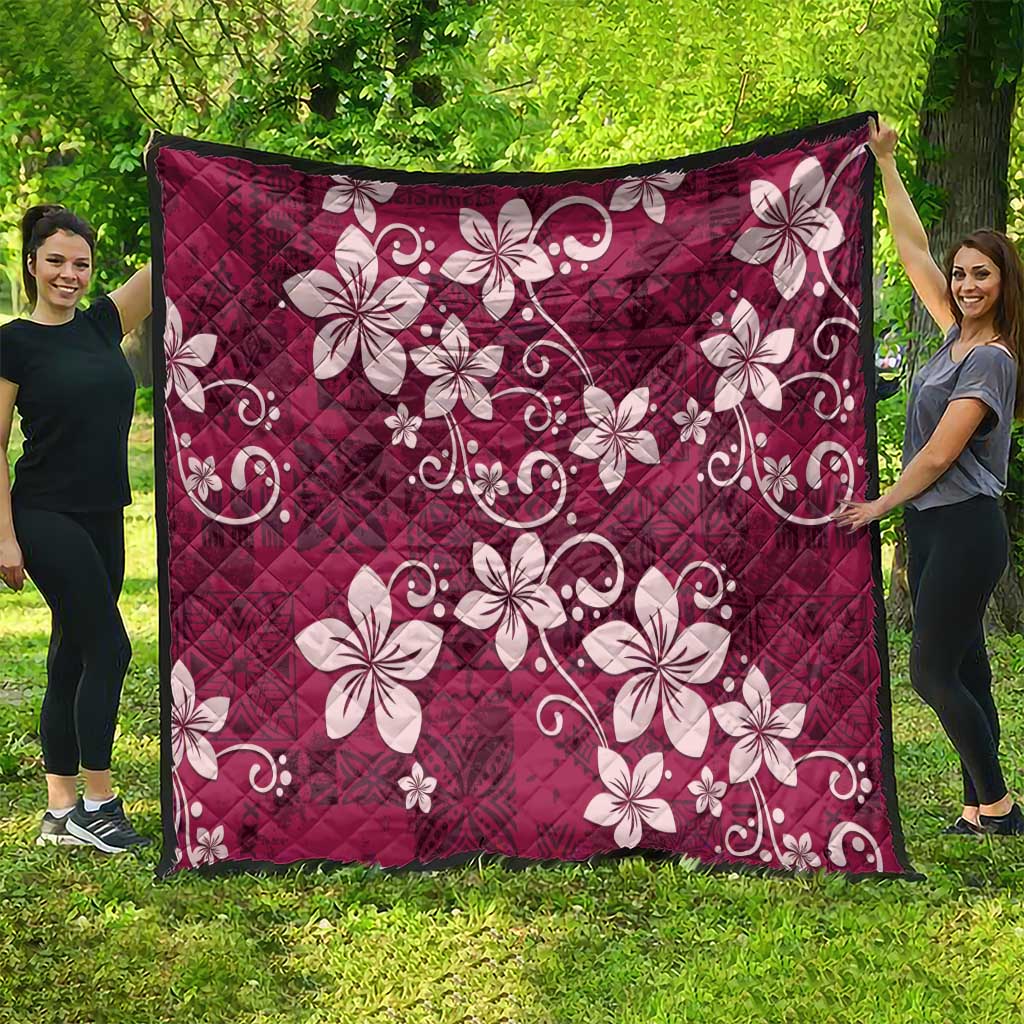 Plumeria Floral Tapa Pattern Ruby Pink Quilt LT01 - Polynesian Pride