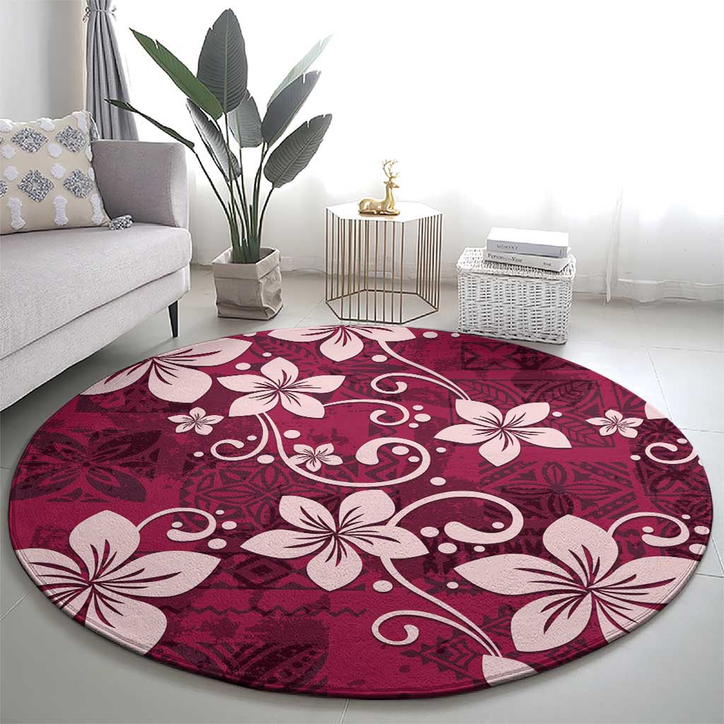 Plumeria Floral Tapa Pattern Ruby Pink Round Carpet