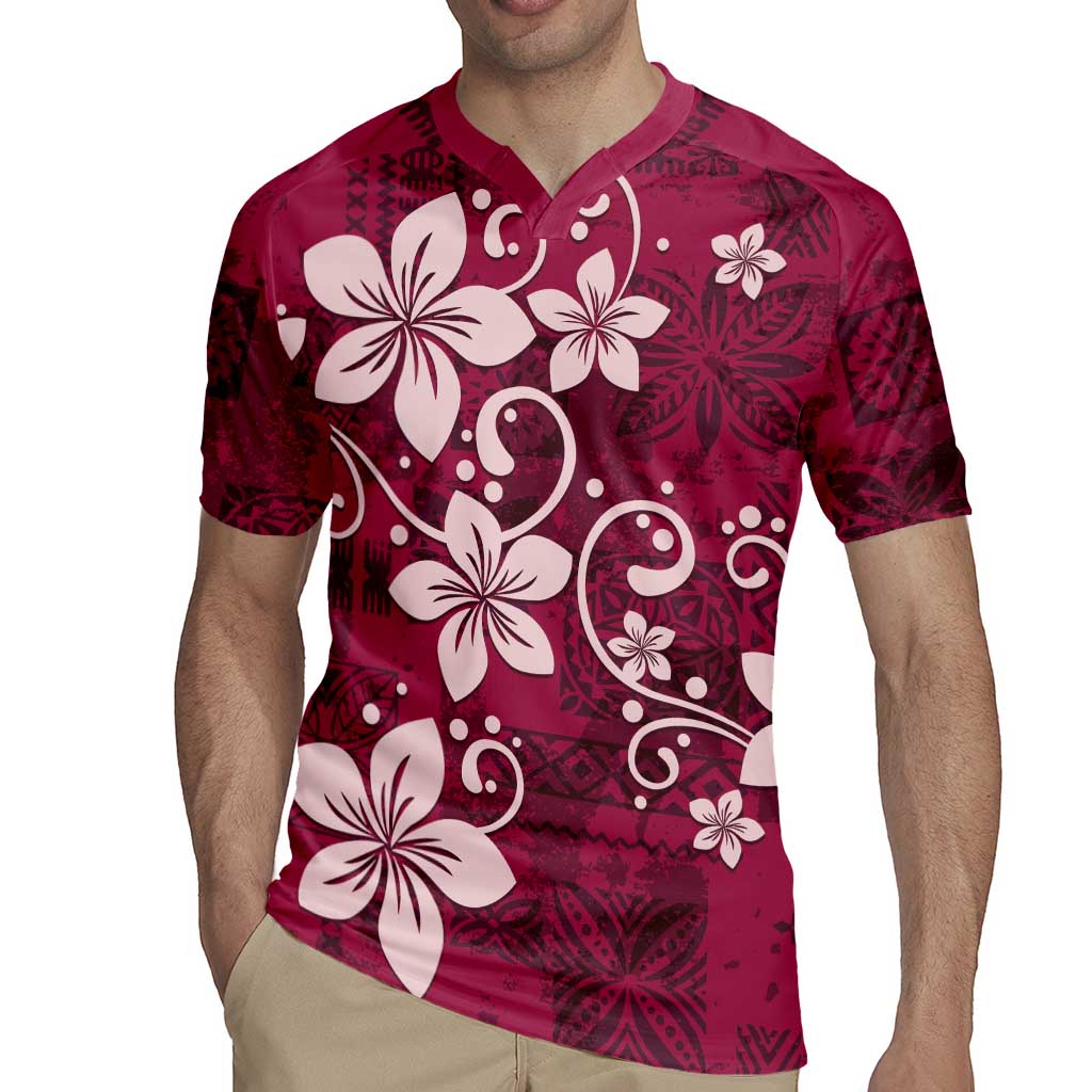 Plumeria Floral Tapa Pattern Ruby Pink Rugby Jersey