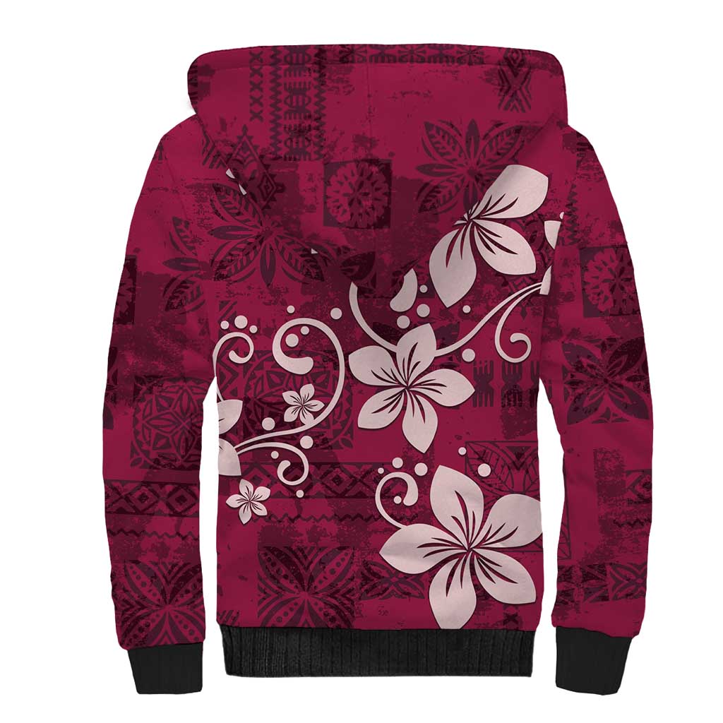 Plumeria Floral Tapa Pattern Ruby Pink Sherpa Hoodie