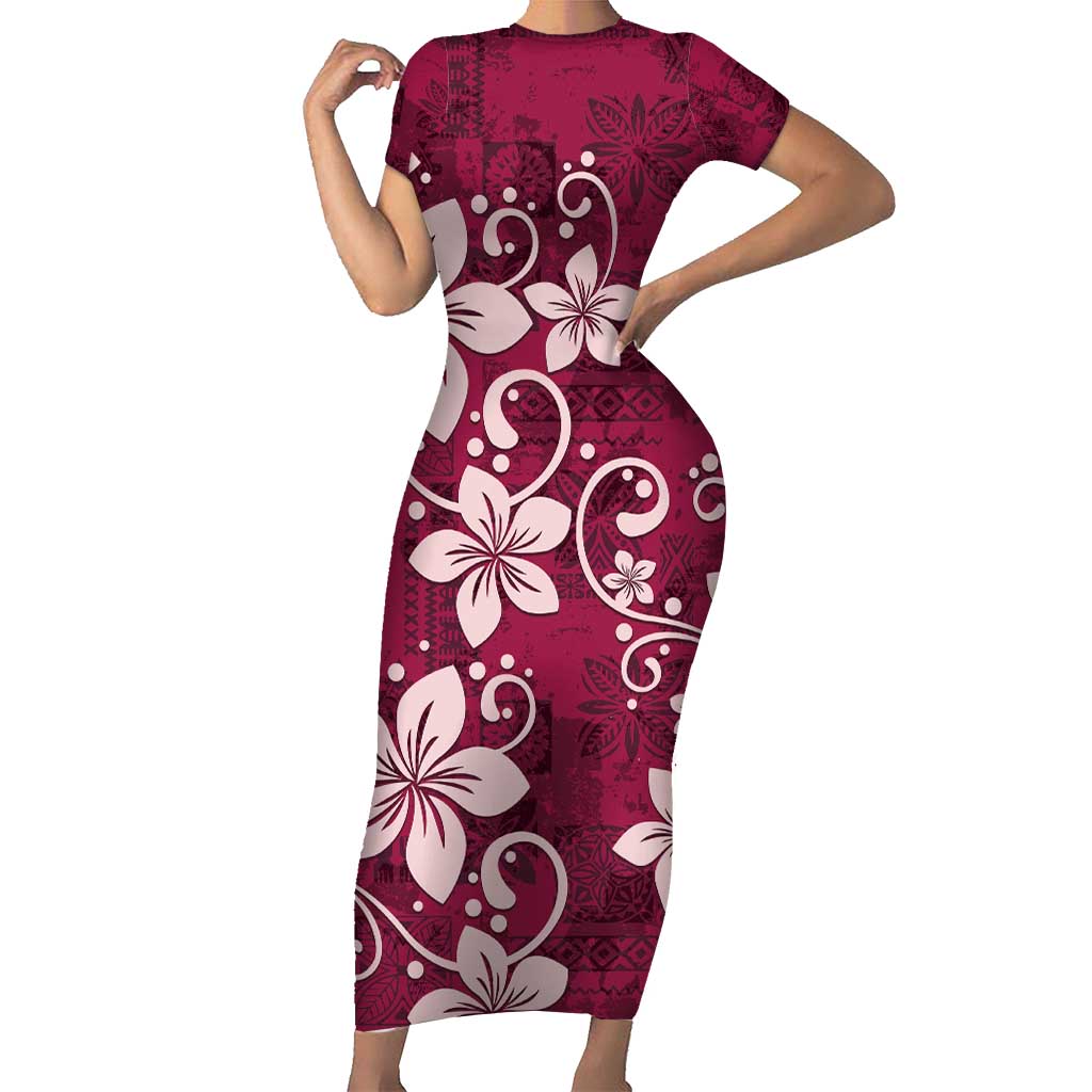 Plumeria Floral Tapa Pattern Ruby Pink Short Sleeve Bodycon Dress LT01 Long Dress Pink - Polynesian Pride