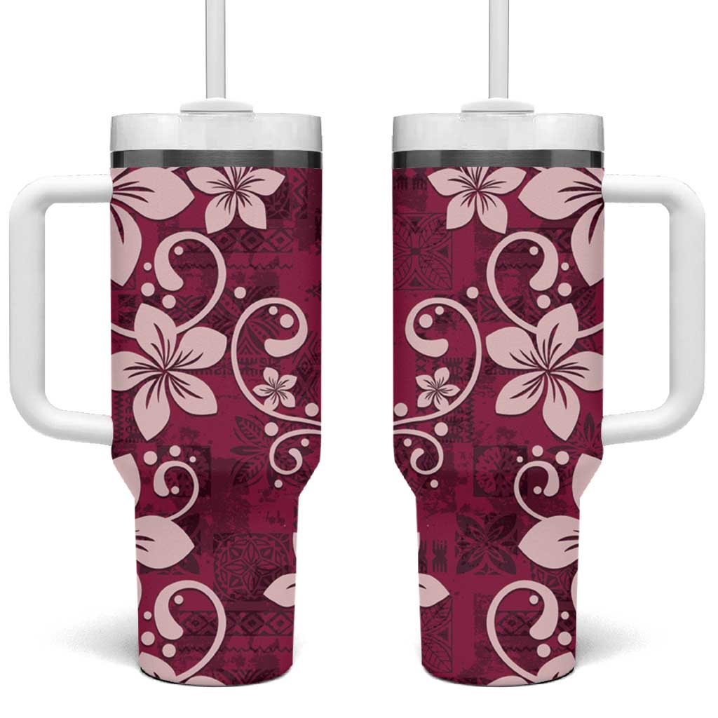 Plumeria Floral Tapa Pattern Ruby Pink Tumbler With Handle LT01 One Size: 40 oz Pink - Polynesian Pride