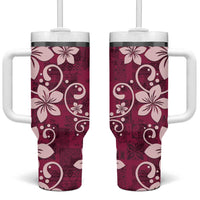 Plumeria Floral Tapa Pattern Ruby Pink Tumbler With Handle LT01 One Size: 40 oz Pink - Polynesian Pride