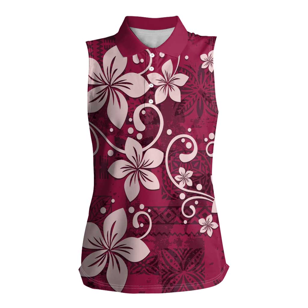 Plumeria Floral Tapa Pattern Ruby Pink Women Sleeveless Polo Shirt LT01 Female Pink - Polynesian Pride