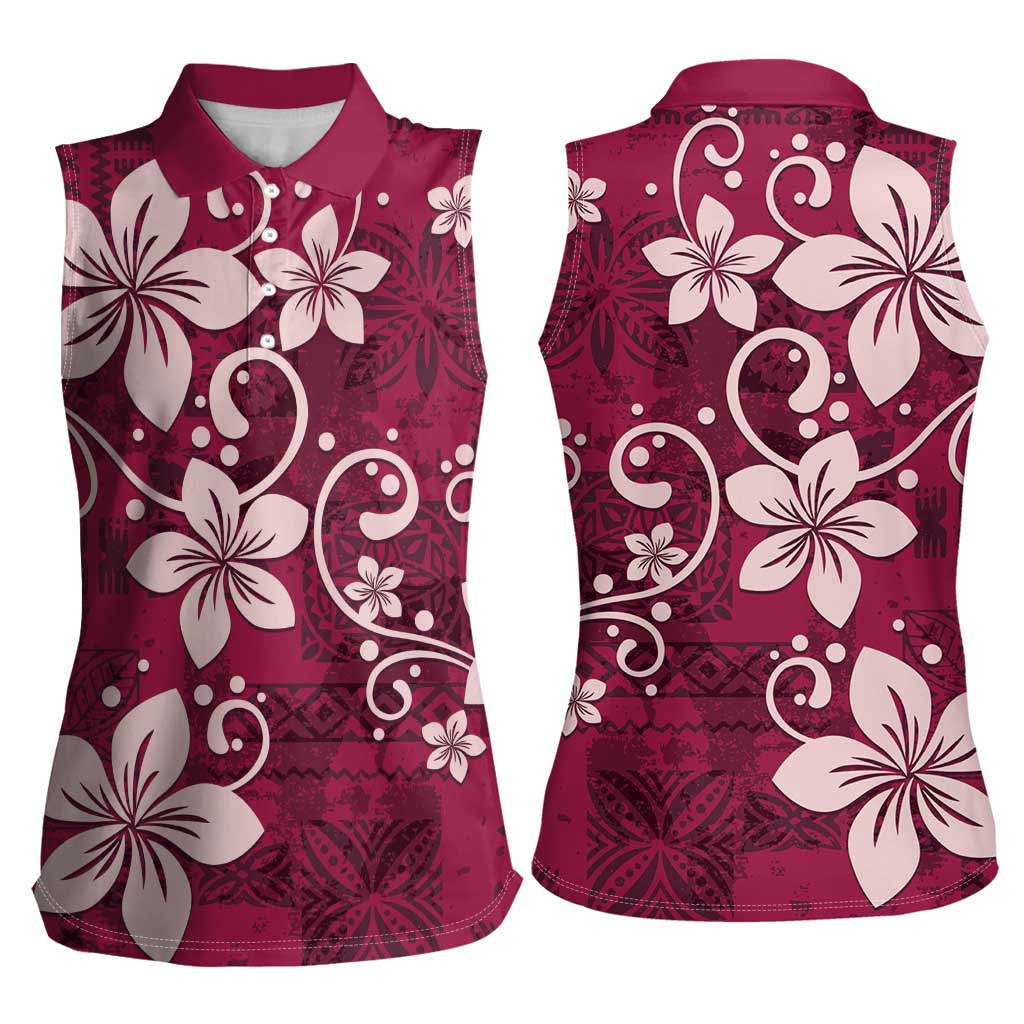 Plumeria Floral Tapa Pattern Ruby Pink Women Sleeveless Polo Shirt LT01 - Polynesian Pride