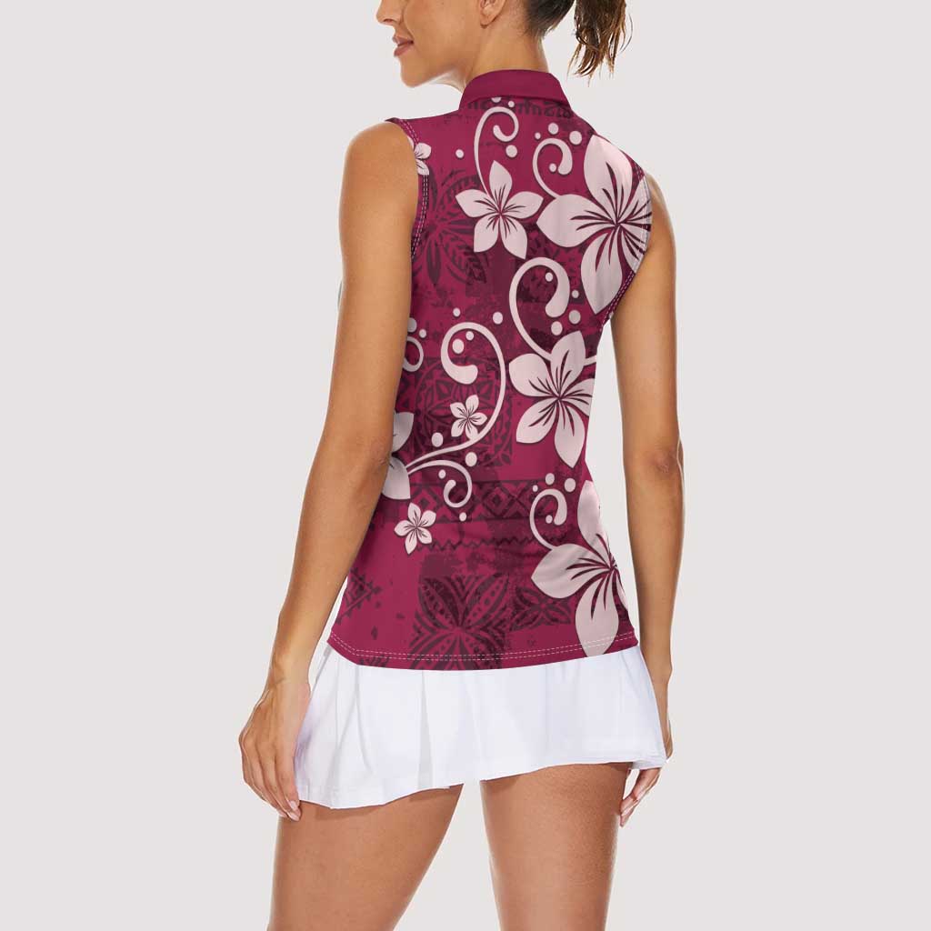 Plumeria Floral Tapa Pattern Ruby Pink Women Sleeveless Polo Shirt LT01 - Polynesian Pride