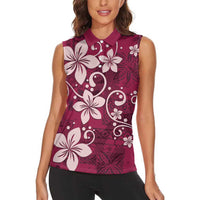 Plumeria Floral Tapa Pattern Ruby Pink Women Sleeveless Polo Shirt LT01 - Polynesian Pride
