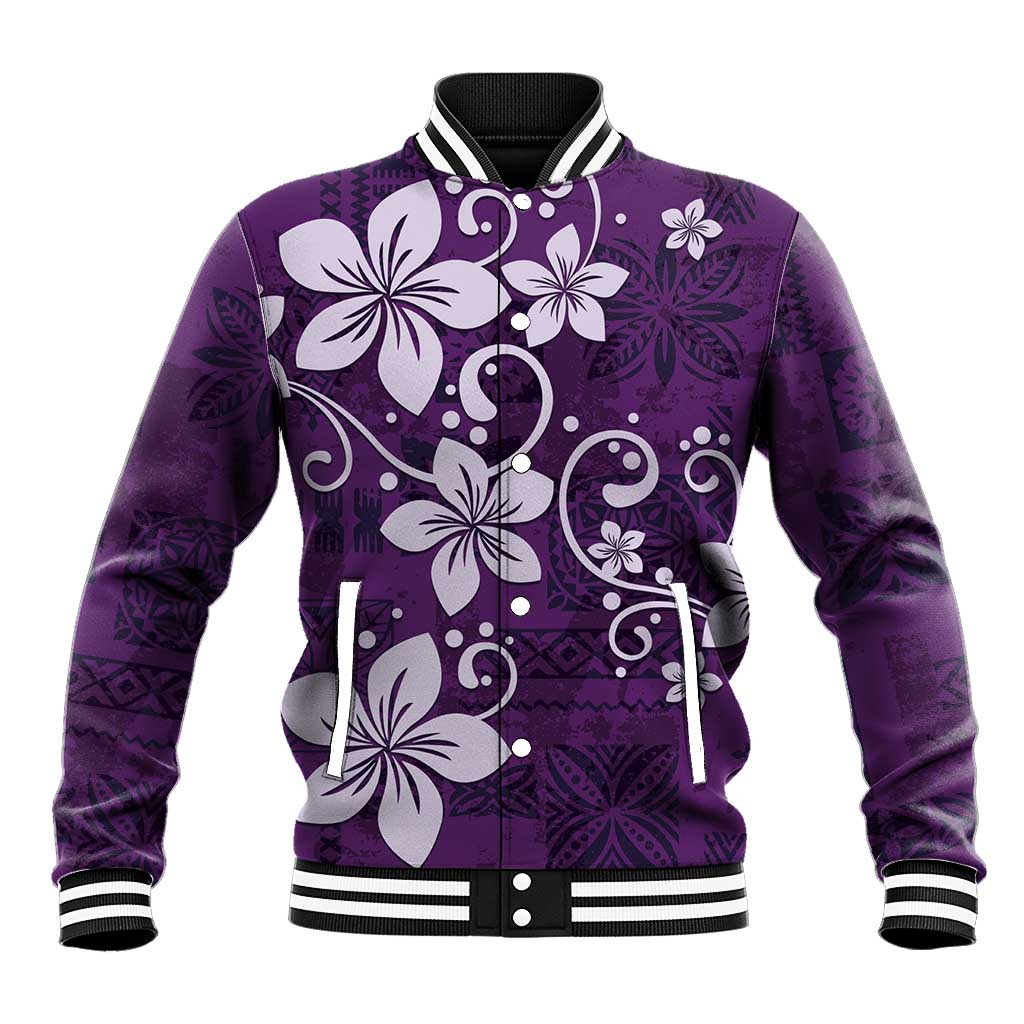 Plumeria Floral Tapa Pattern Amethyst Purple Baseball Jacket LT01 Unisex Purple - Polynesian Pride