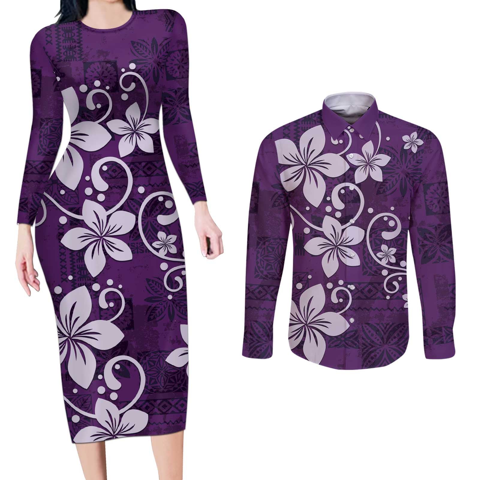 Plumeria Floral Tapa Pattern Amethyst Purple Couples Matching Long Sleeve Bodycon Dress and Long Sleeve Button Shirt