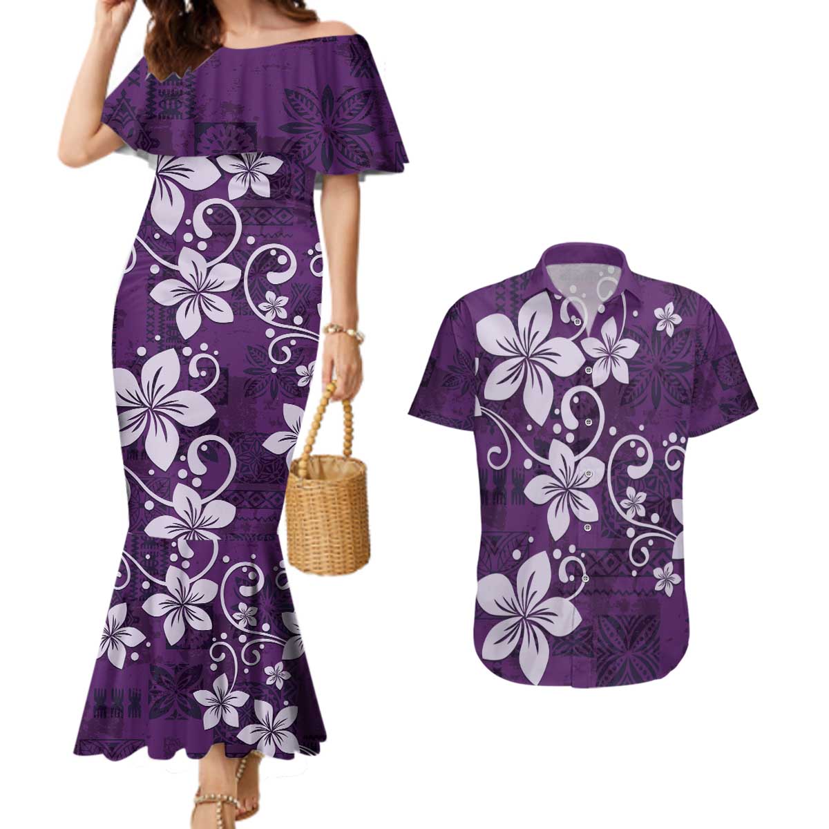 Plumeria Floral Tapa Pattern Amethyst Purple Couples Matching Mermaid Dress and Hawaiian Shirt