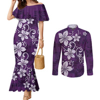 Plumeria Floral Tapa Pattern Amethyst Purple Couples Matching Mermaid Dress and Long Sleeve Button Shirt