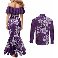 Plumeria Floral Tapa Pattern Amethyst Purple Couples Matching Mermaid Dress and Long Sleeve Button Shirt