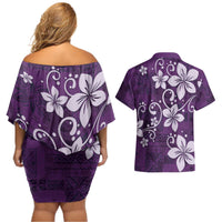 Plumeria Floral Tapa Pattern Amethyst Purple Couples Matching Off Shoulder Short Dress and Hawaiian Shirt