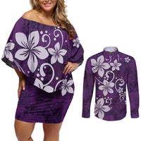Plumeria Floral Tapa Pattern Amethyst Purple Couples Matching Off Shoulder Short Dress and Long Sleeve Button Shirt