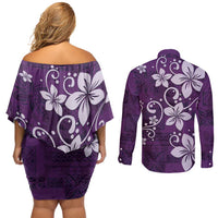 Plumeria Floral Tapa Pattern Amethyst Purple Couples Matching Off Shoulder Short Dress and Long Sleeve Button Shirt