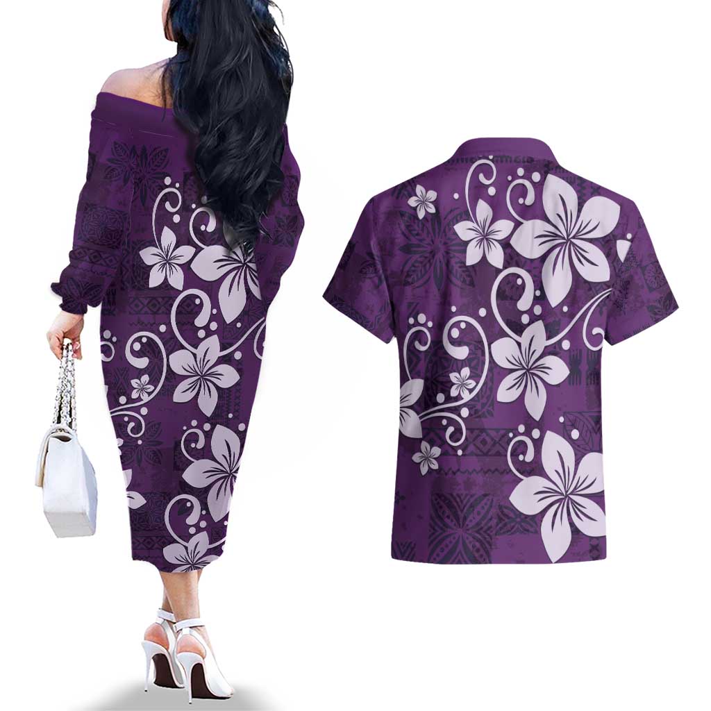 Plumeria Floral Tapa Pattern Amethyst Purple Couples Matching Off The Shoulder Long Sleeve Dress and Hawaiian Shirt