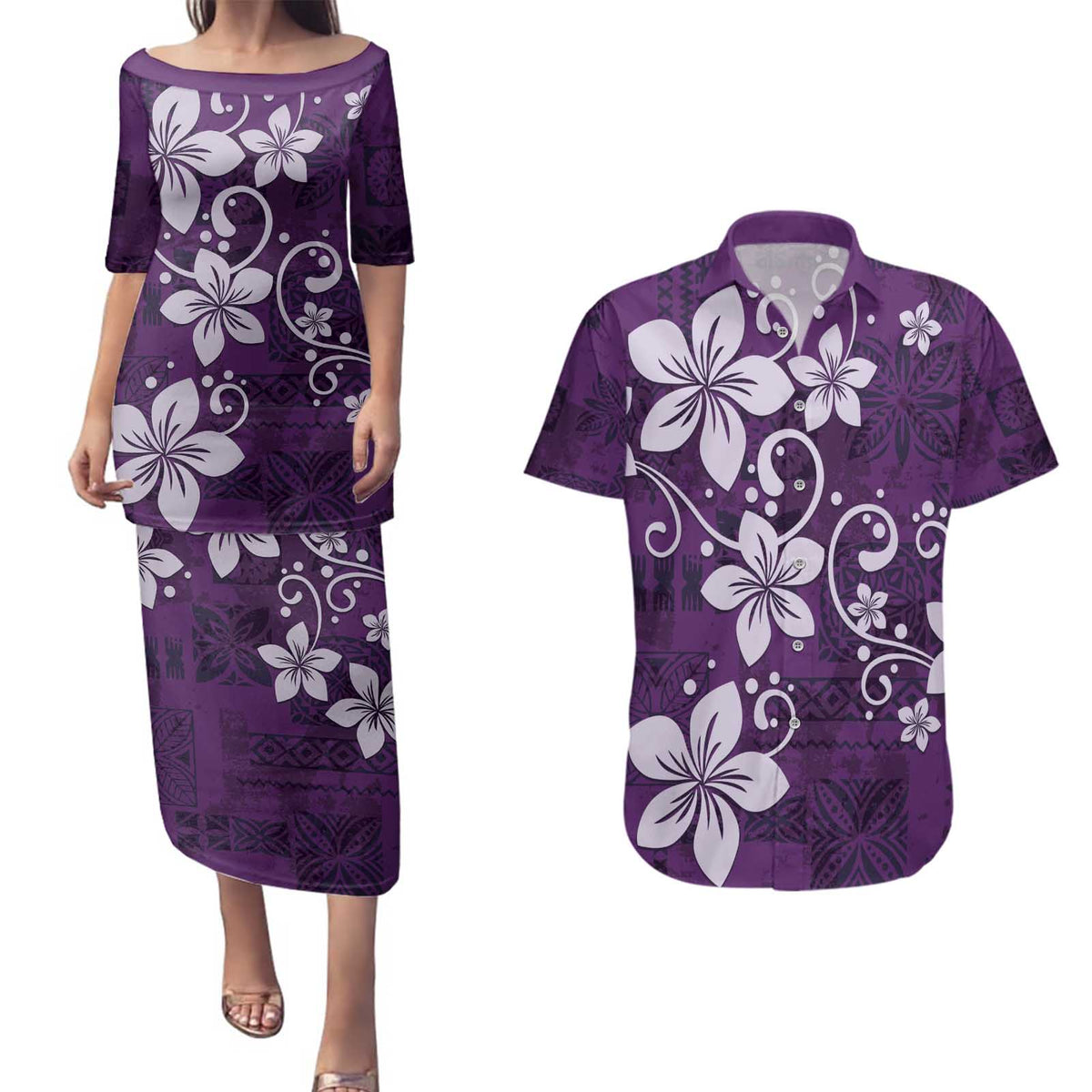 Plumeria Floral Tapa Pattern Amethyst Purple Couples Matching Puletasi and Hawaiian Shirt