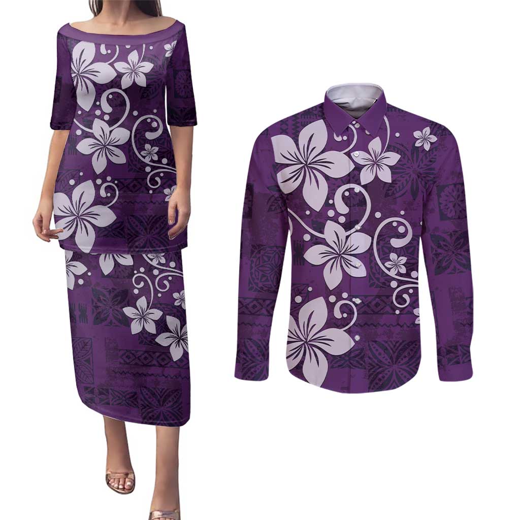 Plumeria Floral Tapa Pattern Amethyst Purple Couples Matching Puletasi and Long Sleeve Button Shirt