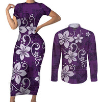 Plumeria Floral Tapa Pattern Amethyst Purple Couples Matching Short Sleeve Bodycon Dress and Long Sleeve Button Shirt