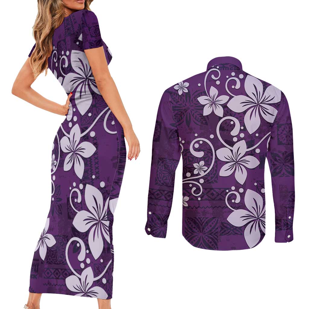 Plumeria Floral Tapa Pattern Amethyst Purple Couples Matching Short Sleeve Bodycon Dress and Long Sleeve Button Shirt