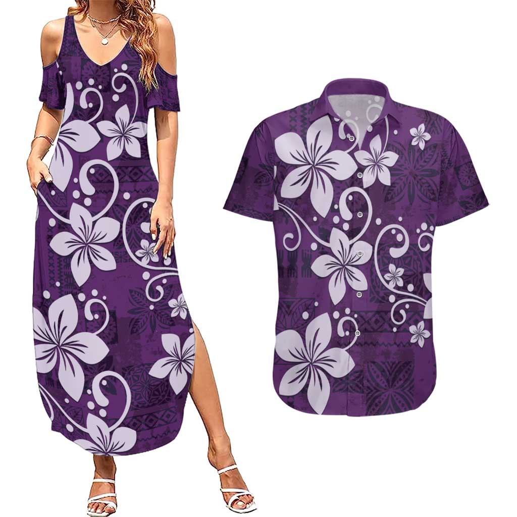 Plumeria Floral Tapa Pattern Amethyst Purple Couples Matching Summer Maxi Dress and Hawaiian Shirt