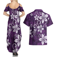 Plumeria Floral Tapa Pattern Amethyst Purple Couples Matching Summer Maxi Dress and Hawaiian Shirt