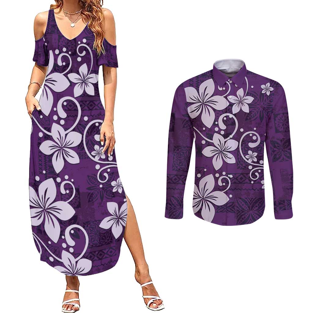 Plumeria Floral Tapa Pattern Amethyst Purple Couples Matching Summer Maxi Dress and Long Sleeve Button Shirt