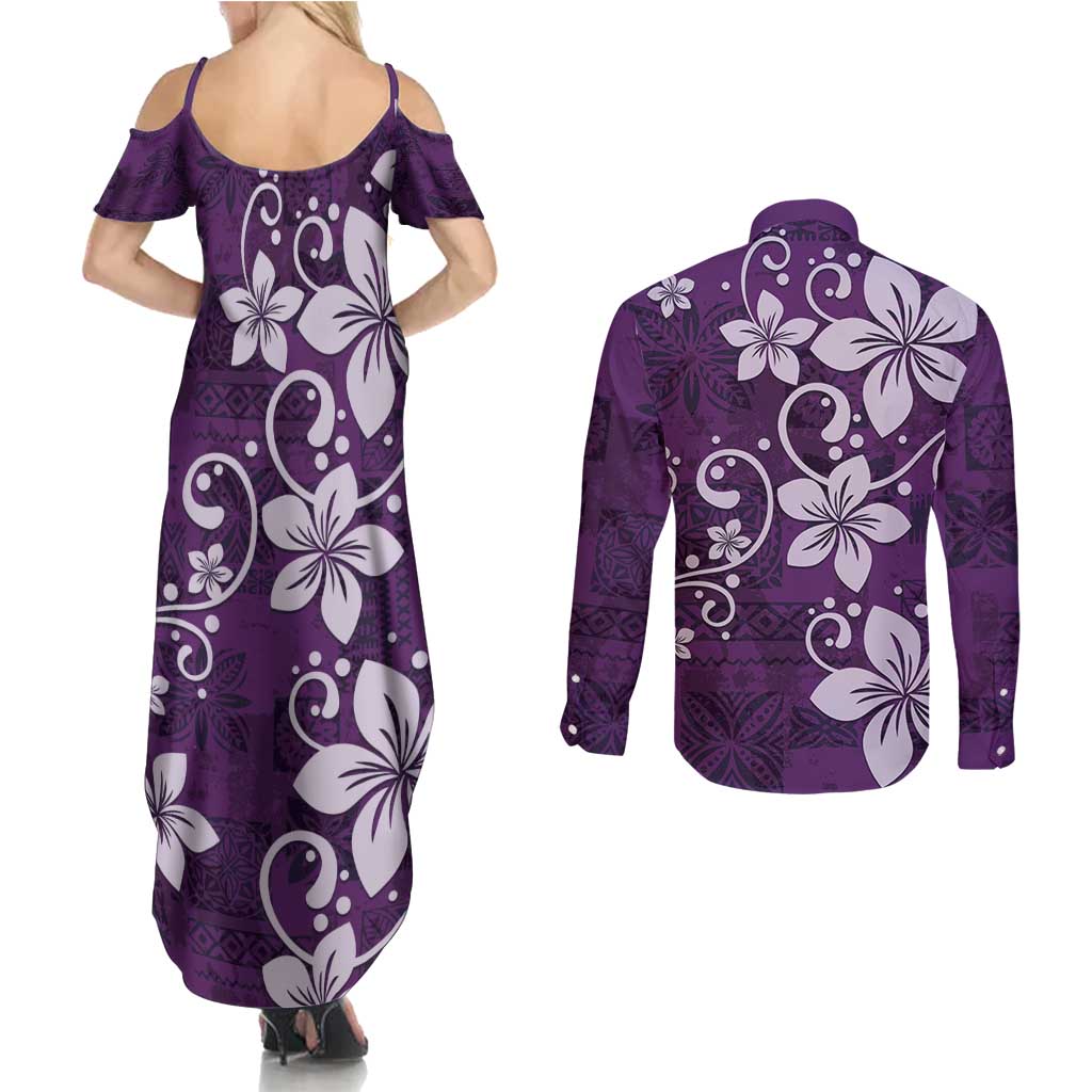 Plumeria Floral Tapa Pattern Amethyst Purple Couples Matching Summer Maxi Dress and Long Sleeve Button Shirt