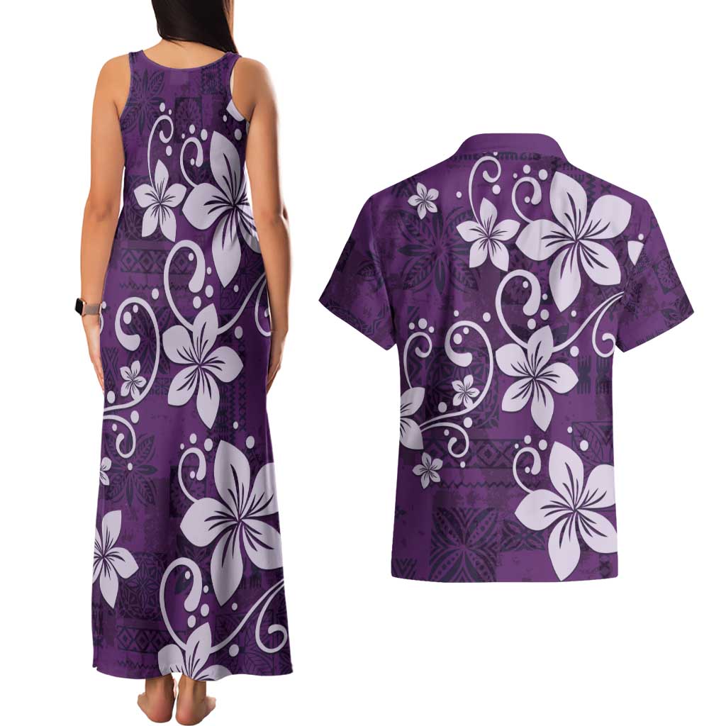 Plumeria Floral Tapa Pattern Amethyst Purple Couples Matching Tank Maxi Dress and Hawaiian Shirt