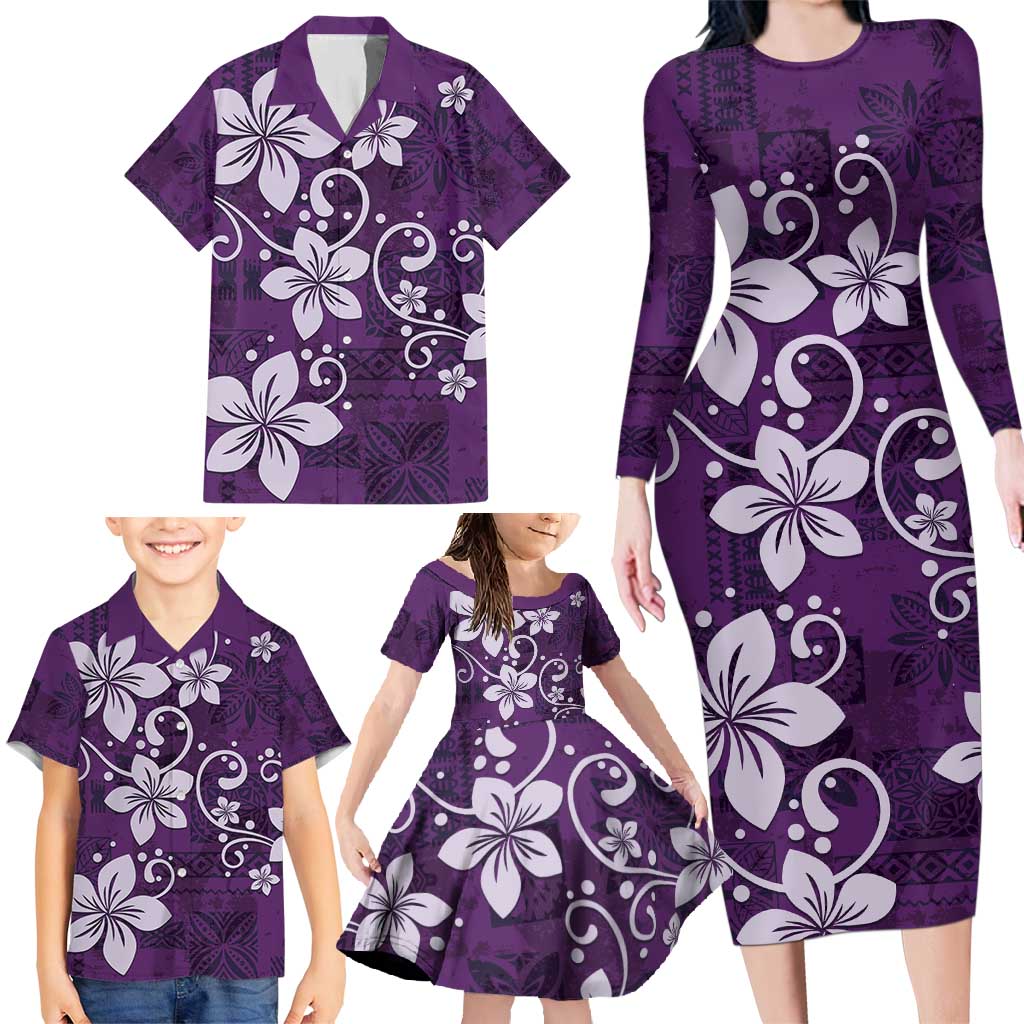 Plumeria Floral Tapa Pattern Amethyst Purple Family Matching Long Sleeve Bodycon Dress and Hawaiian Shirt LT01 - Polynesian Pride