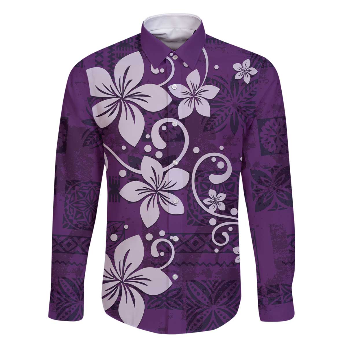 Plumeria Floral Tapa Pattern Amethyst Purple Family Matching Off The Shoulder Long Sleeve Dress and Hawaiian Shirt