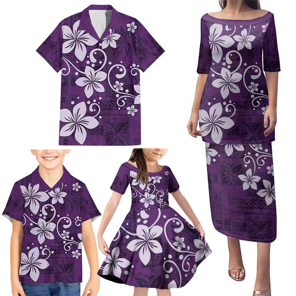 Plumeria Floral Tapa Pattern Amethyst Purple Family Matching Puletasi and Hawaiian Shirt LT01 - Polynesian Pride
