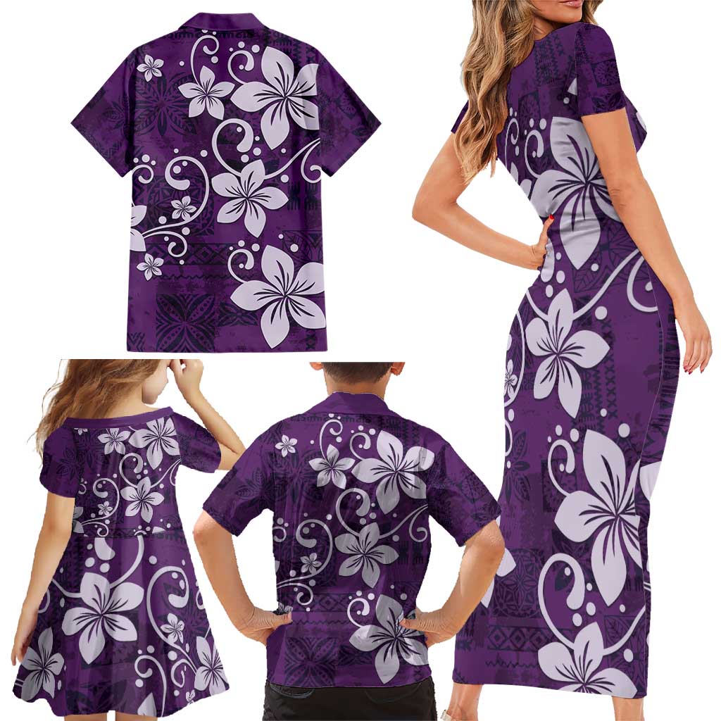Plumeria Floral Tapa Pattern Amethyst Purple Family Matching Short Sleeve Bodycon Dress and Hawaiian Shirt LT01 - Polynesian Pride