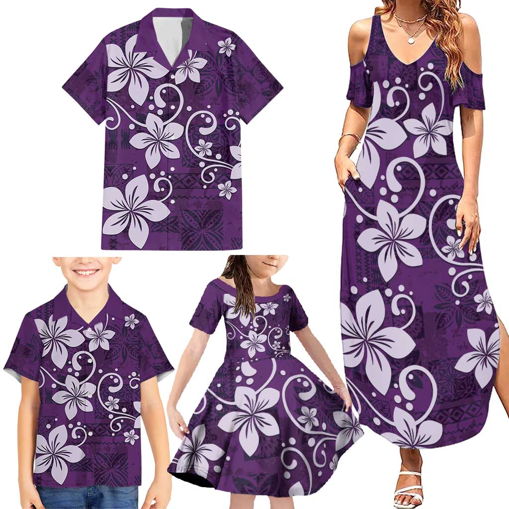 Plumeria Floral Tapa Pattern Amethyst Purple Family Matching Summer Maxi Dress and Hawaiian Shirt LT01 - Polynesian Pride